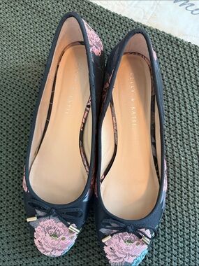 Kelly & Katie Black Floral Ballet Flats with Pink Embroidery and Bow